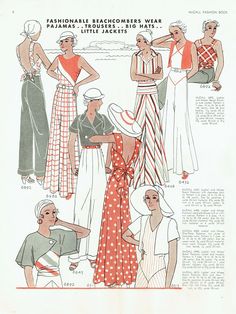 "This is a digital, print-at-home sewing pattern for a 1930s ladies' beach or lounge pajama. This one-piece pajama features long flared wide-leg trousers and a low-cut V-neck front. The shoulders close with buttons. The ensemble is completed with a charming optional sleeveless bolero and belted waist. This pattern can also be altered just a bit to be without the bodice pieces attached for a wonderful pair of wide-leg trousers! Year: 1931-1932. SIZING: Multisized! 32 - 34 - 36 - 38 - 40 - 42 - 44 Jazz Era Fashion, Beach Pajamas, Vintage Fashion 1930s, Patron Vintage, Pajama Pattern, 30s Fashion, Mid Summer, Fashion Book, Vintage Dress Patterns