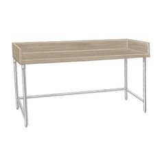 a wooden table with metal legs and an open shelf on one side, against a white background