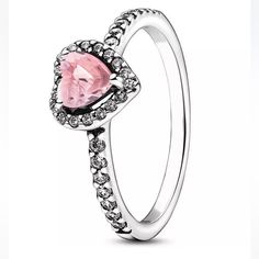 Halo Ring With Heart: This Piece Features A Pink Heart-Shaped Central, Elevated Stone With Clear Cubic Zirconia Stones. A Timeless, Elegant, And Versatile Collection With Sparkling Stones As Their Centerpiece, For Those You Cherish And Those That Cherish You. Pandora Heart Ring, Promise Rings Pandora, Pandora Rings Heart, Rainbow Topaz Ring, Pink Heart Rings, Silver Ruby Ring, Swiss Blue Topaz Ring, Shiny Rings, Heart Rings