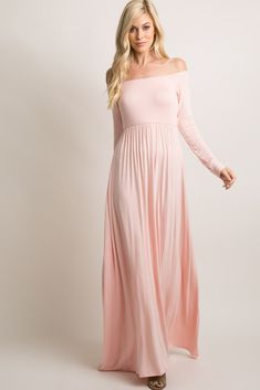 Pink Solid Off Shoulder Maxi Dress Off Shoulder Neckline, Trendy Maternity Outfits, Petite Maxi Dress, Off Shoulder Maxi Dress, Maternity Maxi Dress, Blush Pink Dresses, Maternity Maxi, Shower Dresses, Pink Solid