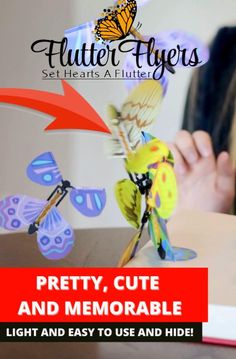 a girl is making butterfly decorations with her hand and the text, pretty, cute and memorable light and easy to use and hide