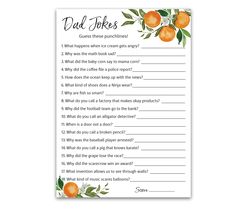 a printable question card with oranges and leaves on the top, which says dad jokes