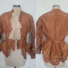 Antique 19th century, victorian, handmade  jacket with front  lace plastron and double breasted brass buttons. Light brown silk with cinched waist, layered assymetrical edges and scallop trim. Long sleeves with pleated cuffs. It fits a size S, even if I think it is not in a wearing condition, but to use as a display, or study piece. Please check measurements: Shoulders 40cm/15.7" Bust 82cm/32.3 Waist 62cm/24.3" Heigth back 65cm/25.5"               Front 58cm/22.7" Sleeve 58cm/22.7" The jacket, a Victorian Outerwear With Historical Design For Costume, Victorian Historical Outerwear For Costumes, Victorian Long Sleeve Dress With Buttons, Victorian Style Historical Costume Outerwear, Elegant Long Sleeve Victorian Dress With Buttons, Vintage Outerwear With Historical Design For Costume, Vintage Costume Outerwear With Historical Design, Historical Costume Outerwear With Buttons, Victorian Dress With Long Sleeves And Historical Design