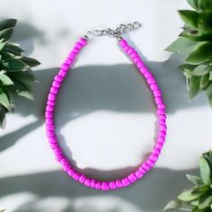 Gorgeous hot pink beads perfect for the season!  Our anklets are made to last using premium beading wire and beads.  We have many colors to choose from so please check out our other listings as well! Choose your size and we will get it made and shipped out to you the same day or next.  Each anklet comes with a bit of chain extension to give you more room at times if you need it or so you can stack with other anklets! Your new piece will come in our own Son Shine Shells packaging and in a cute little mesh bag.  Ready for gift giving or to bring a smile to your own face! Pink Trendy Anklets For The Beach, Trendy Pink Beach Anklets, Pink Trendy Beach Anklets, Casual Pink Beads For Festivals, Casual Pink Handmade Anklet, Adjustable Pink Anklet With Colorful Beads, Pink Beaded Anklets For Summer, Pink Round Beads Anklets For Festival, Pink Beaded Summer Anklets