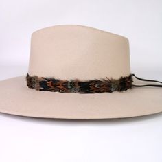 Natural feather hat band. Adjustable with a leather tie. Colors: Copper/brown, greyish blue, iridescent black. Natural colored feathers Adjustable hatband Approx. 1 inch wide *This product is for 1 single hat band. Hat not included. Brown Hat Bands With Feathers For Western-themed Events, Adjustable Feathered Top Hat For Kentucky Derby, Curved Brim Hat Bands With Feathers For Western-themed Events, Adjustable Top Hat With Feathers For Kentucky Derby, Adjustable Mini Hat With Feathers For Kentucky Derby, Adjustable Flat Brim Mini Hat For Fall, Adjustable Feather Hat Bands For Western-themed Events, Adjustable Feathered Fedora Mini Hat, Brown Brimmed Hat With Feather Trim