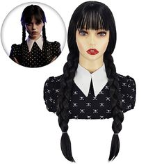 Long Pigtails, Pigtail Wig, Wednesday Costume, Addams Family Costumes, Double Ponytail, Halloween Wigs, Black Wig, Family Costumes, Wig With Bangs