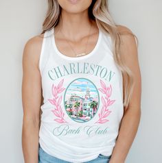 These Charleston bachelorette party themed shirts are perfect for any Charleston Bachelorette Party or Wedding! Available as a tank top or t-shirt. NO RETURNS OR EXCHANGES ON SHIRTS/CLOTHING ITEMS ~~~~~~~~~~~SIZING~~~~~~~~~~~Please reference our sizing chart in the photos to ensure correct size selection. These tees are unisex crew neck that run true to sizing, not too big and not too small. ~~~~~~~~~~~GARMENT~~~~~~~~~~~100% lightweight cotton jersey knit Bella & Canva tee or racerback tank ~~~~~~~~~~~GRAPHIC~~~~~~~~~~~Professional, high quality soft-hand water-based screen print that will last the life span on the shirt. ~~~~~~~~~~~CARE~~~~~~~~~~~Wash inside out, gentle cycle, cold water, tumble dry low. White Summer Top For Hen Party, White Letter Print Top For Bachelorette Party, White T-shirt For Hen Party In Summer, White T-shirt For Summer Hen Party, Casual Tops For Spring Bachelorette Party, Spring Bachelorette Party Top With Graphic Print, Summer Hen Party T-shirt With Graphic Print, Spring Bachelorette Party Tops With Letter Print, White Custom Print Top For Bachelorette Party