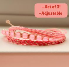 bracelets for any occasion -Color: pink and off white -Sizes: One size (adjustable)  -Shipping: Shipping is not free -Returns and exchanges are not available for these bracelets, if you receive your bracelet and if there is something wrong contact me so we can fix it! Trendy Pink Adjustable Braided Bracelet, Trendy Adjustable Pink Braided Bracelet, Adjustable Pink Friendship Bracelets, Pink Resizable Beaded Bracelets For Summer, Summer Pink Resizable Beaded Bracelets, Pink Resizable Bracelets For Summer, Trendy Pink Braided Bracelet For Friendship, Pink Resizable Friendship Bracelet For Summer, Adjustable Pink Jewelry For Festivals