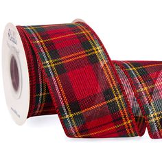 a roll of red and black plaid ribbon