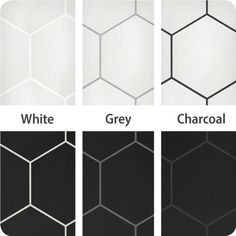 four different types of hexagonal tiles with white, grey, and charcoal colors