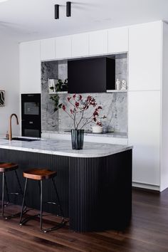 Timber batten benchtop | Tour this beautiful modern art deco home: Wattle Valley Road Art Deco Kitchen Modern, Rounded Island Kitchen, White And Timber Kitchen, Kitchen Upstairs, Round Kitchen Island