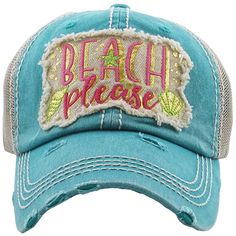 Beach Please Vintage Patch Ladies Hat with Embroidery.  One Size Fits Most, Velcro Adjustable Strap. Distressed Look. Color: Teal American Flag Hat, Vintage Style Hat, Distressed Baseball Cap, Mom Hats, Patch Hat, Beach Please, Vintage Patches, Chunky Knit Blanket, Dress Gloves