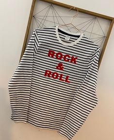 "ABOUT - Super soft tee in a unisex fit - 100% Cotton -Navy & White stripe XS - 34\" size 6/8 S - 36\" size 8/10 M - 40\" size 10/12 L - 44\" size 14/16 XL - 48\" size 16/18 SHIPPING T-shirts are made to order so changes cannot be made once the order has processed.  Shipping is through Royal Mail. T-SHIRT LOVE Wash inside out with a mild detergent on a delicate cycle. Do not tumble dry and do not iron over design. RETURNS As each item is hand made we are unable to accept returns. Refunds will on Trendy Striped Long Sleeve T-shirt, White Long Sleeve T-shirt With Contrast Stripes, White Long Sleeve T-shirt With Striped Sleeves, Long Sleeve Slogan T-shirt, Striped Tops With Graphic Print For Fall, Cotton Long Sleeve T-shirt With Striped Sleeves, Trendy Striped Tops With Letter Print, Striped Long Sleeve T-shirt For Fall, Trendy Striped Top With Graphic Print