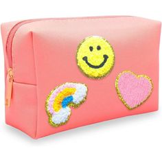 -Cute Design Preppy Toiletry Bag: This Light Pink Preppy Makeup Bag Is Stylish And Simple, With Cute Smiley Face, Rainbow And Heart Patches, Interesting Patterns And Nice Color To Keep You In A Good Mood Every Day, Highlight Your Personality, This Preppy Cosmetic Bag Is An Excellent Choice For Your Own Use Or For Your Friends And Family. -Portable Preppy Poach: Travel Make Up Bag Measures Approximately 6.7" X 2.75" X 4", Making It A Great Travel Companion. And It Is In The Small Size And Suitabl Trendy Cosmetic Bag With Zipper Closure For School, Trendy School Bags With Pen Slots, Playful Portable Pencil Case For School, Pink Playful Cosmetic Bag For Everyday Use, Playful Pink Cosmetic Bag For Everyday Use, Playful Pink Cosmetic Bag For Daily Use, Trendy Rectangular Cosmetic Bag For School, Pink Portable Cosmetic Bag For School, Trendy School Pouch With Removable Feature