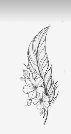 a drawing of a feather with flowers on it