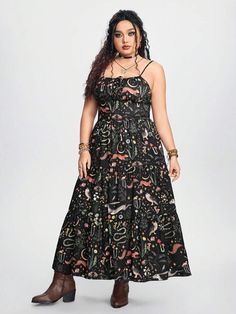 ROMWE Goth Plus Size Gothic Style Printed Slim Fit A-Line Dress With Plants And Bunny Pattern For Spring/Summer Summer Goth Outfits Plus Size, Goth Plus Size Fashion, Goth Outfits Plus Size, Summer Goth Outfits, Goth Plus Size, Zoo Outfit, Plus Size Gothic, Summer Goth, Bunny Pattern