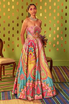 Multi Color Silk Taffeta 3d Embroidered Bandeau Designer Gown Dress Illustration, Gown For Women, Pink Ocean, Electric Green, 3d Hand, Ladies Gown, Silk Taffeta, Indian Wedding Outfits, Gowns Online