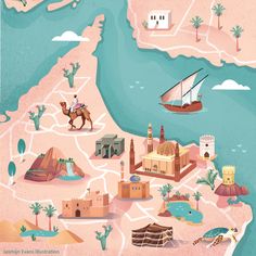 an illustrated map of the united states with all its landmarks and major cities, including camels