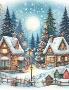 a christmas scene with snow covered houses and trees