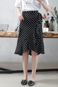 High Waist Irregular Polka Dot Ruffle Skirts – Nada Outfit Land Polka Dot Skirted Bottoms For Spring, Spring Polka Dot Skirted Bottoms, Summer Polka Dot Skirted Bottoms, Polka Dot Skirted Bottoms For Summer, Casual Polka Dot Ruffled Skirt, Casual Ruffled Polka Dot Skirt, Polka Dot Knee-length Skirt For Summer, Flowy Polka Dot Skirt With Ruffles, Polka Dot Flowy Skirt With Ruffles