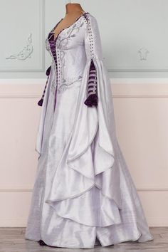 An exquisite and beautiful silk fantasy dress with handmade embroidery.This outfit consists of 2 items: the dress and the underdress. The dress is made of silk with viscose lining, it has lacing front and back, adjustable sleeves, and also - bones in the bodice to provide a perfect fit. The bodice is decorated with handmade embroidery, beads, and flowers. The underdress is also made of silk and is very comfortable to wear. It will be perfect for theme wedding, fantasy-themed photoset, a LARP-eve Fantasy Gowns Princesses Fairytale, Elven Dress Gowns, Fantasy Princess Outfit, Winter Fantasy Dress, Fairytale Dress Medieval, Fantasy Royal Clothing, Silk Fantasy Dress, Fantasy Armor Dress, Viking Wedding Dress