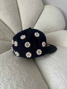 Each rhinestone is hand placed by me. Hats With Embroidery, Rhinestone Hats Diy, Bedazzled Hats Baseball Caps, Pearl Fitted Hat, Bedazzled Clothes, Custom Hat Ideas, Beanie Aesthetic, Rare Handbags, Custom Fitted Hats