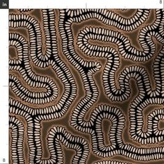 an abstract pattern made up of wavy lines and curves in brown, black and white