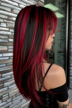 Hair Colors Inspirations, Red And Black Hair Streaks, Idea For Hair Color, Red Hair And Black Highlights, Red In Black Hair, Skunk Highlights Red, Blonde Roots Red Hair, Black Hair W Red Highlights, Colorful Highlights In Black Hair