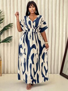 Plus Size Women's Casual V-Neck Floral Print Dress (Floral Pattern Random) Blue Casual  Short Sleeve Fabric Colorblock,Graphic,Tribal,All Over Print A Line Non-Stretch  Women Plus Clothing, size features are:Bust: ,Length: ,Sleeve Length: Plus Size Cruise Wear, Rayon Fabric Dresses, Chiffon Dress Casual Classy, Chiffon Gown Styles, Chiffon Styles, Bubu Gown Styles, Ankara Long Gown Styles, Long Dress Plus Size, Sukienki Plus Size