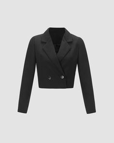 Product Details: Cropped blazer with lapel and buttons Length:CroppedSleeve Length:LongMaterial:95% Polyester + 5% Spandex Fitted Black Blazer Dress For Business Casual, Fitted Black Double-breasted Blazer, Formal Double-breasted Cropped Jacket For Winter, Formal Double-breasted Cropped Winter Jacket, Formal Double-breasted Cropped Jacket For Fall, Black Double-breasted Blazer For Office, Office Wear Collared Blazer With Button Closure, Tailored Long Sleeve Solid Blazer Dress, Tailored Collared Office Blazer