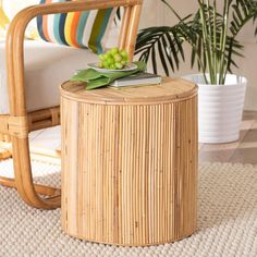 a wicker stool with a plate on it in front of a potted plant