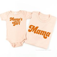 Retro Mama + Mama's Girl - Set of 2 Shirts – Little Mama Shirt Shop LLC Fitted Basic Shirt With Graphic Print, Fitted Cotton Shirt With Screen Print, Fitted Orange Cotton Shirt, Fitted Family Matching Tops With Name Print, Fitted Pink Shirt With Letter Print, Family Matching Fitted T-shirt With Name Print, Fitted Family Matching T-shirt With Name Print, Family Matching Fitted Graphic T-shirt, Fitted Crew Neck Top For Family Matching