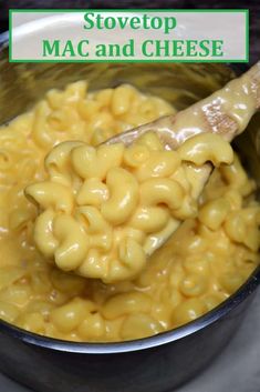 a ladle full of macaroni and cheese with the words stovetop mac and cheese