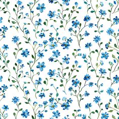 blue flowers and green leaves are on a white background for wallpaper or fabric design