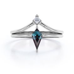 Delicate Four Prong 1.05 Carat Kite Shaped Lab Created Alexandrite And Diamond Chevron Single Stone Wedding Ring Set In White Gold Minimalist Wedding Rings, Stone Wedding Ring, Alexandrite Stone, Stone Wedding, Wedding Ring Set, Single Stone, White Gold Band, Wedding Ring Sets, 10k Gold