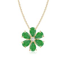 Crafted in 14k yellow gold, this emerald and diamond pendant features an alluring floral design. pear-shaped emeralds dazzle with their lush green allure and are embellished around a sparkling diamond, forming a dainty flower. Flower Cluster, Sparkling Diamond, Emerald Pendant, Cluster Pendant, Lush Green, Flower Pendant, Sparkle Diamonds, 18k Rose Gold, Diamond Pendant