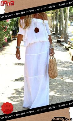 Carlena Off Shoulder Holiday Maxi Dress Casual Off-shoulder White Maxi Dress, Casual White Off-shoulder Maxi Dress, Casual Solid Color Maxi Dress For Vacation, Chic Solid Color Beach Cover-up Dresses, Vacation Maxi Dress In Solid Color, Flowy Solid Color Dress For Beach Season, Flowy Solid Dress For Beach Season, Solid Color Vacation Maxi Dress, Casual Solid Color Maxi Dress For Beach