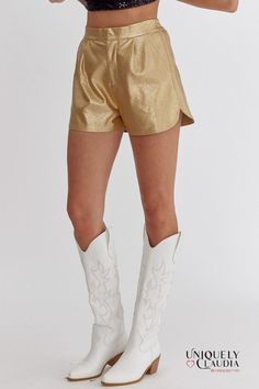 You'll feel so chic, and comfortable in our Pnina Metallic Vegan Leather Shorts. The Pnina Metallic Vegan Leather Shorts boast a sleek and stylish faux leather finish that adds a touch of sophistication to your outfit. This cruelty-free material captures the allure of genuine leather, and the high-waisted silhouette enhances your natural curves and provides a flattering, figure-hugging fit. Plus side pockets that only add a touch of convenience but also offer a subtle yet functional detail that