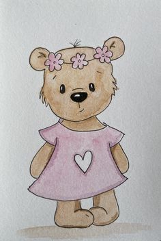 a drawing of a teddy bear wearing a pink dress with flowers in her hair and holding a heart