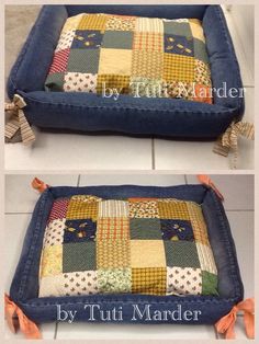 two pictures show how to make a quilted dog bed with ties on the sides