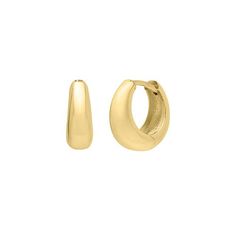 14K Polished Gold Hoop Earrings These stylish earrings add glam to your collection, and who couldn't use a little more glam?  Design Information       Approx. 2.90gr.     Approx. 1/2"L x 9/16"W     14K      Snap clasp Modern Huggie Hoop Earrings Clip-on, Modern Clip-on Hoop Huggie Earrings, Chic Hoop Huggie Earrings For Formal Occasions, Chic Huggie Hoop Earrings For Formal Events, Gold Clip-on Hoop Huggie Earrings, Chic Small Hoop Huggie Earrings For Formal Events, Royal Chain, Glam Design, Back To School Fits