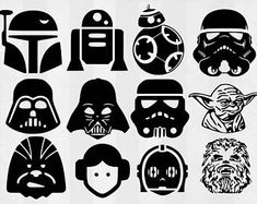 star wars masks and helmets are shown in black on white paper, as well as the silhouettes of them