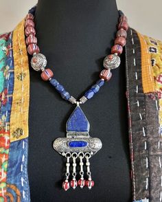 Yemeni inlaid lapis lazuli Turkomen pendant & Venetian old trade beads necklace. | eBay Blue Lapis Lazuli Necklace With Large Beads, Traditional Jewelry With Round Lapis Lazuli Beads, Handmade Lapis Lazuli Bohemian Beads, Handmade Bohemian Lapis Lazuli Beads, Lapis Lazuli Beaded Necklace With Large Beads For Gift, Lapis Lazuli Amulet Necklace For Healing, Lapis Lazuli Beaded Necklaces With Large Beads As Gift, Traditional Lapis Lazuli Beaded Jewelry, Traditional Lapis Lazuli Round Bead Necklace