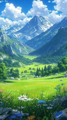 an anime landscape with mountains and flowers in the foreground, green grass on the far side