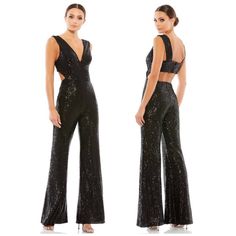 New With Tags Mac Duggal Ieena Black Sequined V Neck Cut Out Wide Leg Jumpsuit 26691 Size 4 Sequined Mesh Overlay; 100% Polyester Lining Fully Lined Through Body V-Neckline Sleeveless Side And Back Cutouts Dual Concealed Back Zippers Approximate Measurements: Armpit To Armpit - 16” Waist - 14” Rise - 11.5” Inseam - 34.5” Length - 63” Leg Opening - 13” 19-000 Mac Duggal Dress, Womens Palazzo Pants, Pleated Jumpsuit, Satin Jumpsuit, Ruffle Jumpsuit, Sequin Jumpsuit, Satin Long Sleeve, Mesh Overlay, Mac Duggal