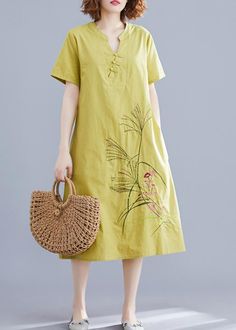 Handmade Chinese Button linen dresses Tutorials yellow embroidery Dres – SooLinen Yellow Casual Linen Dress For Spring, Casual Yellow Linen Beach Dress, Yellow Linen Short Sleeve Dress For Summer, Yellow Casual Linen Dress For Summer, Casual Yellow Linen Summer Dress, Casual Yellow Linen Dress For Summer, Spring Casual Linen Dress With Floral Embroidery, Summer Floral Embroidered Linen Beach Dress, Embroidered Linen Summer Vacation Dress