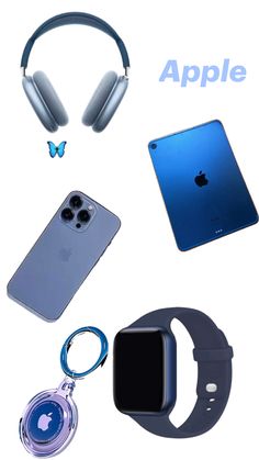 an iphone, headphones, and other items are arranged on a white background with the words apple above it