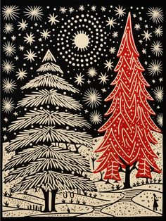 a christmas card with trees and snowflakes on the ground in front of a night sky