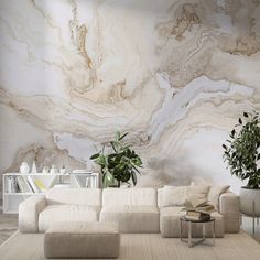 a living room with marble walls and flooring in neutral colors, including white couches