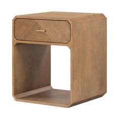 a wooden side table with an open drawer on one side and a shelf on the other